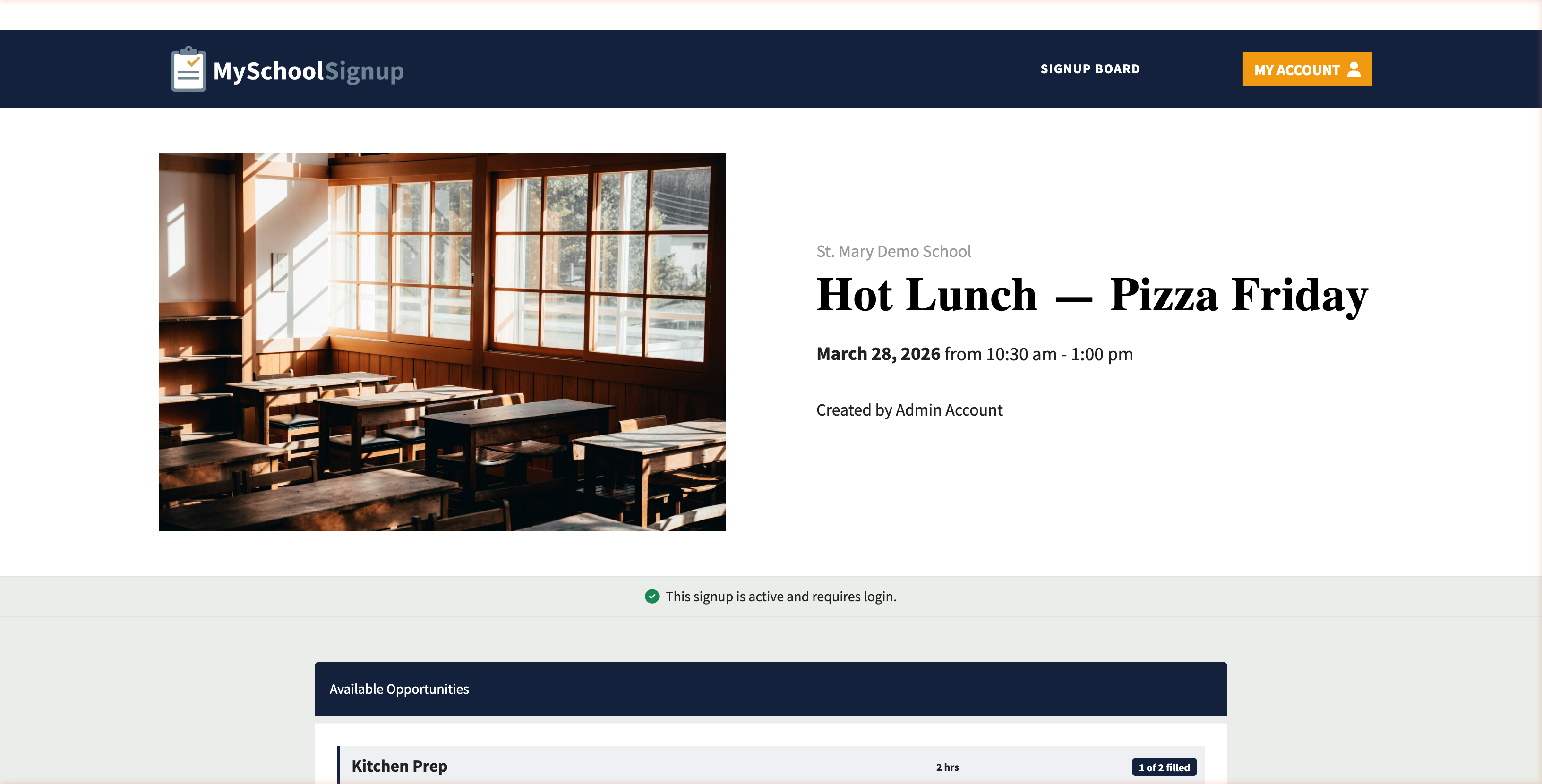 Signup detail page showing volunteer slots with claimed names